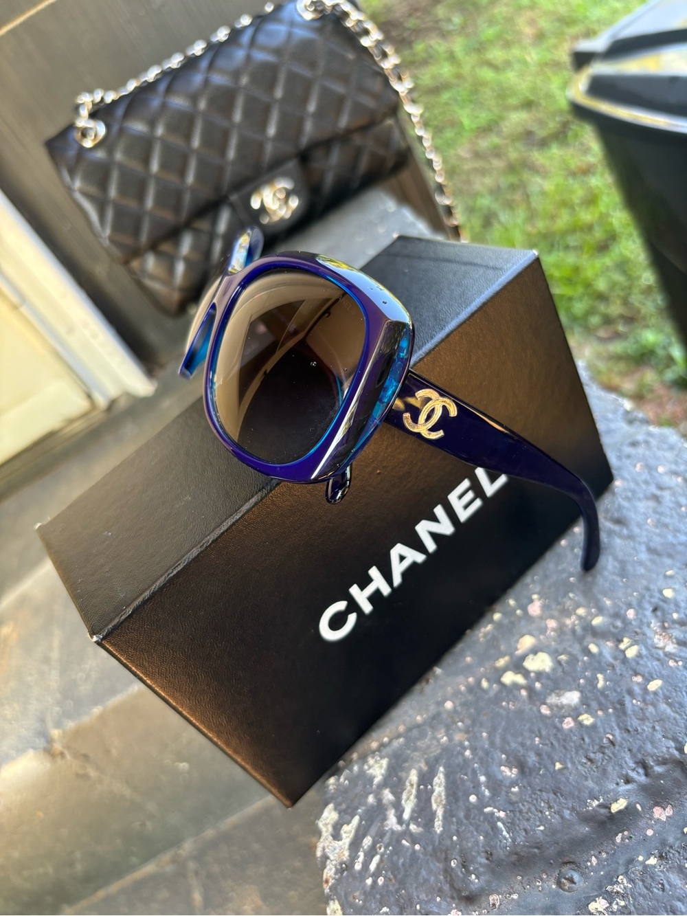 CHANEL Navy Round Sunglasses with Gold CC Temples